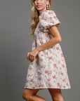 Umgee Heart Jacquard Square Neck Puff Sleeve Mini Dress