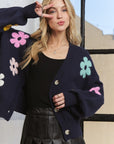 ADORA Flower Button Down Lantern Sleeve Cardigan- Dark Navy