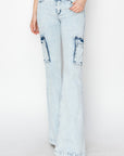 RISEN Full Size High Rise Cargo Flare Jeans-acid light