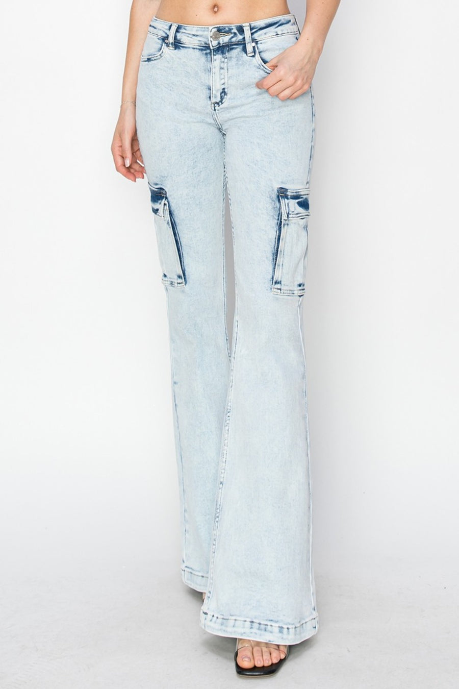 RISEN Full Size High Rise Cargo Flare Jeans-acid light