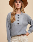 Annie Wear Half Button Ribbed Hem Sweater- Gray