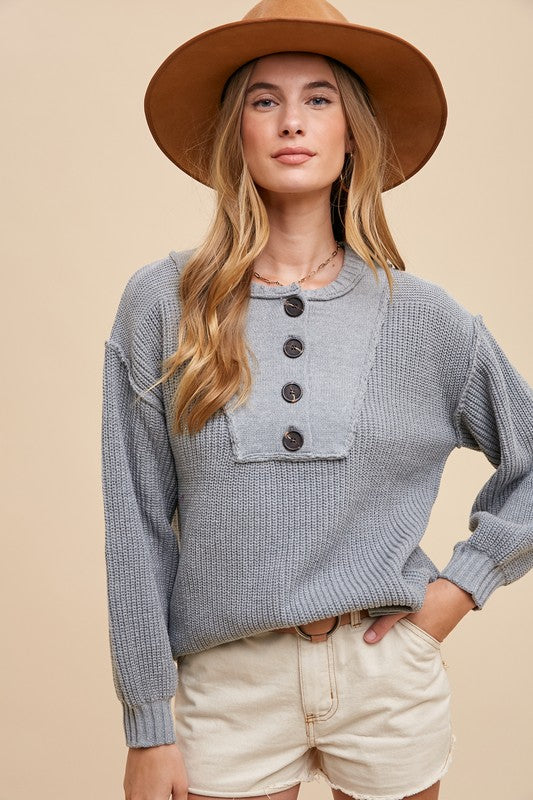 Annie Wear Half Button Ribbed Hem Sweater- Gray