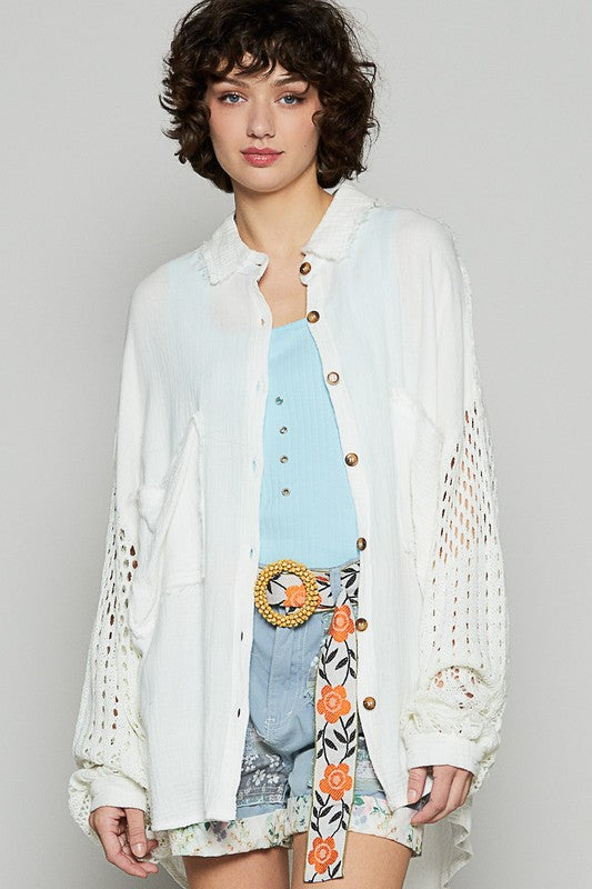 POL Openwork Lantern Sleeve Button Down Gauze Shirt-White