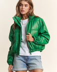 J.NNA Turtleneck Snap and Zipper Closure Crop Puff Jacket in Green