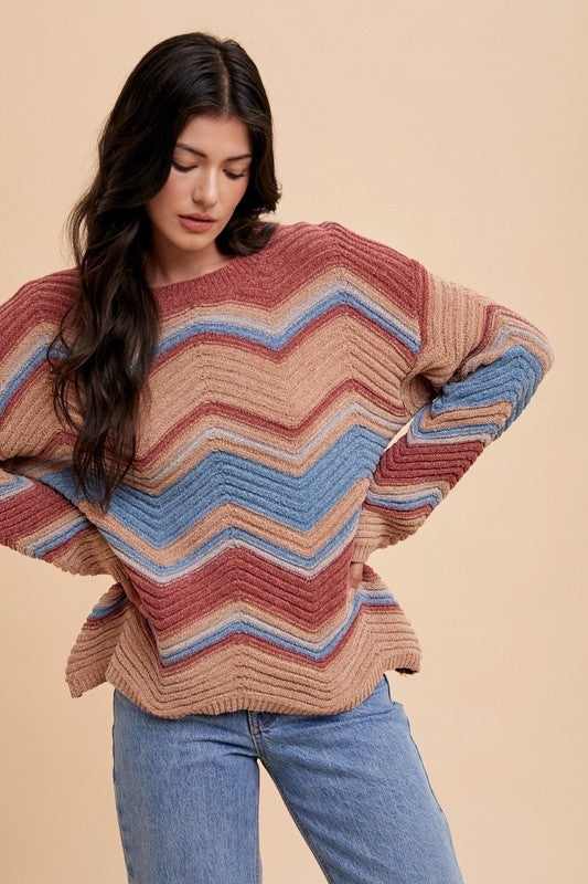 Annie Wear Multi Color Zig-Zag Round Neck Sweater- Rose