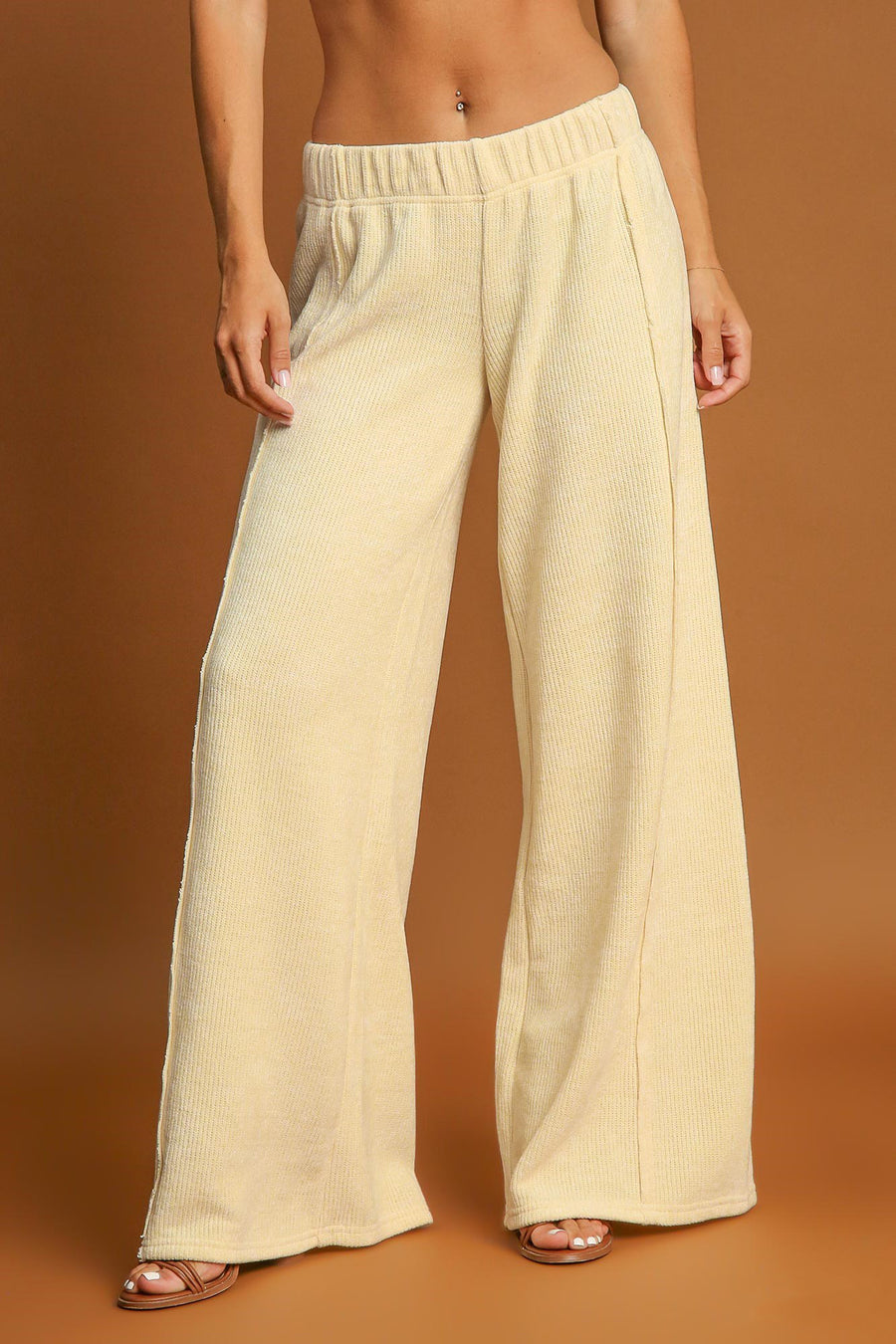 Umgee Elastic Waist Wide Leg Pants- Cream