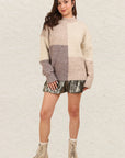 VERY J Color Block Mock Neck Drop Shoulder Sweater-Cream