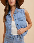 Annie Wear Collared Neck Button Down Denim Vest-medium wash