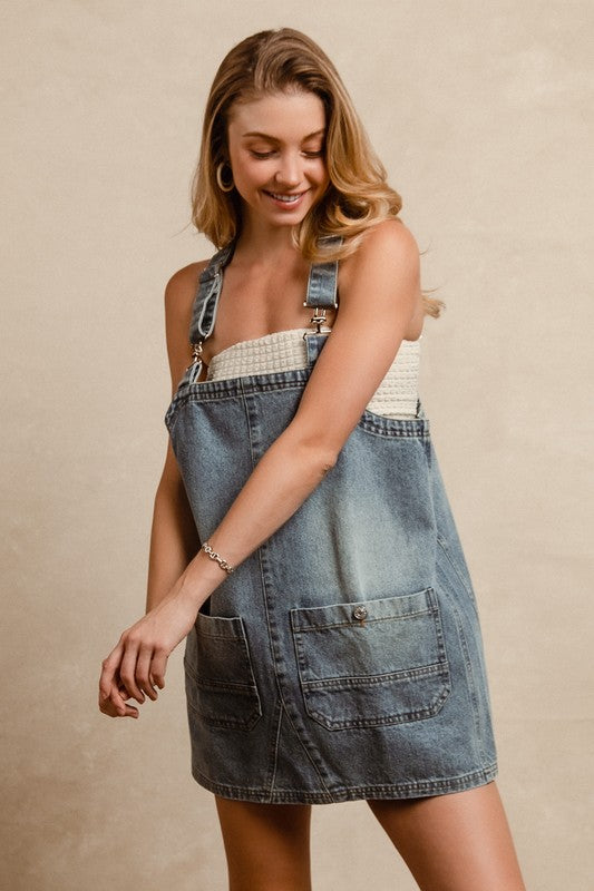 BiBi Washed Adjustable Strap Denim Overall Dress-Denim