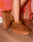 WILD DIVA Suede Round Toe Platform Booties- Caramel