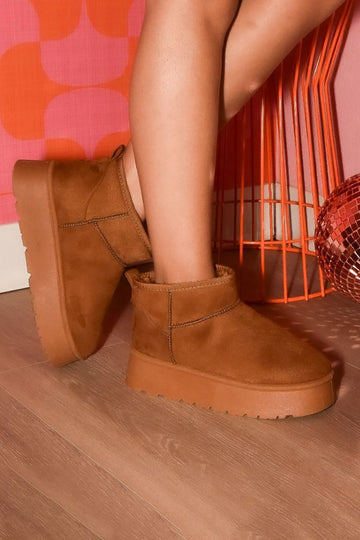 WILD DIVA Suede Round Toe Platform Booties- Caramel