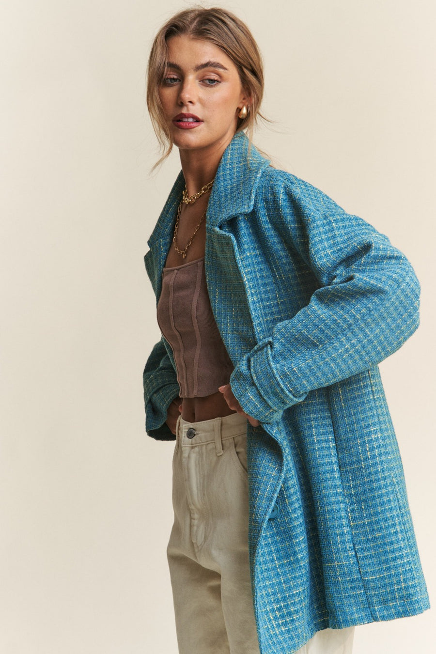 J.NNA Tweed Double-Breasted Long Sleeve Coat in Emerald Sea