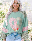 Heart Plaid Round Neck Long Sleeve Blouse