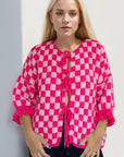 Double Take Tied Checkered Dropped Shoulder Flounce Sleeve Cardigan