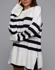 Slit Striped Round Neck Sweater