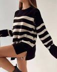 Slit Striped Round Neck Sweater