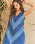 ADORA Chevron Color Block V-Neck Denim Dress-.Denim