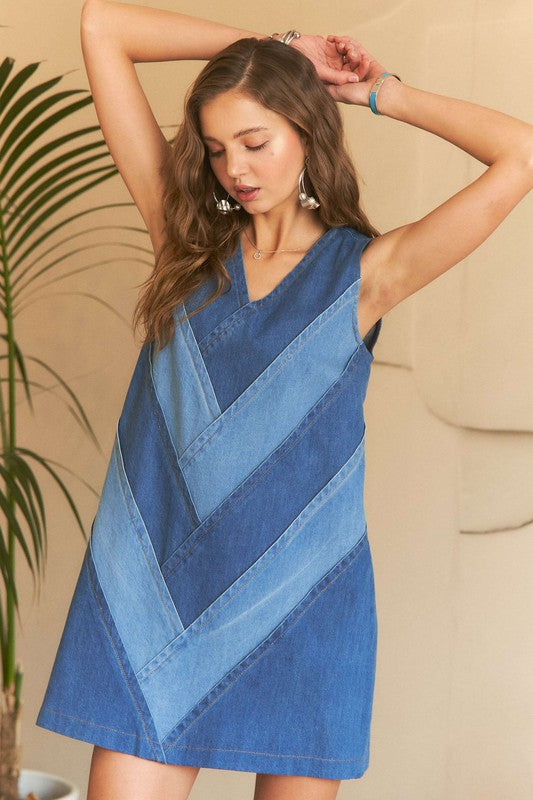 ADORA Chevron Color Block V-Neck Denim Dress-.Denim