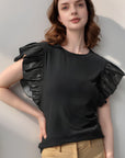 Ruffled Round Neck Cap Sleeve Blouse