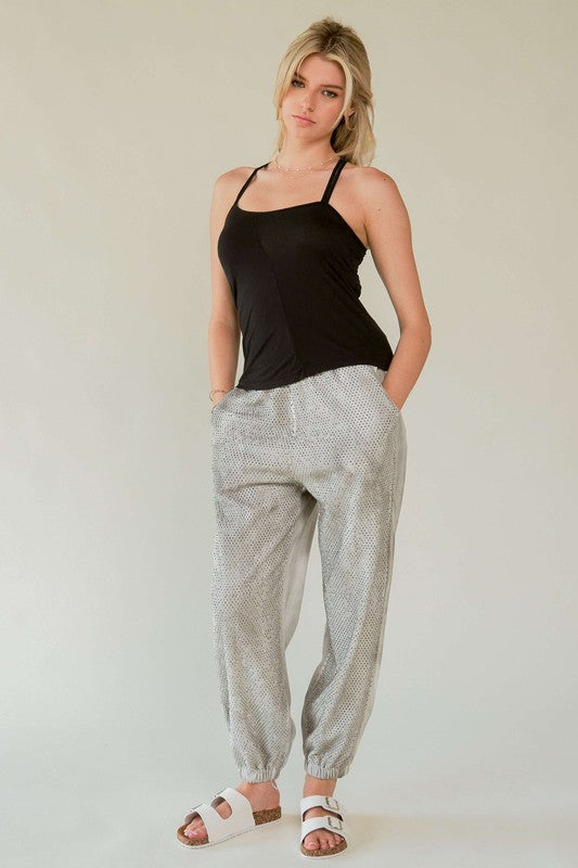 Davi & Dani Rhinestone Elastic Waist Joggers-Light Gray