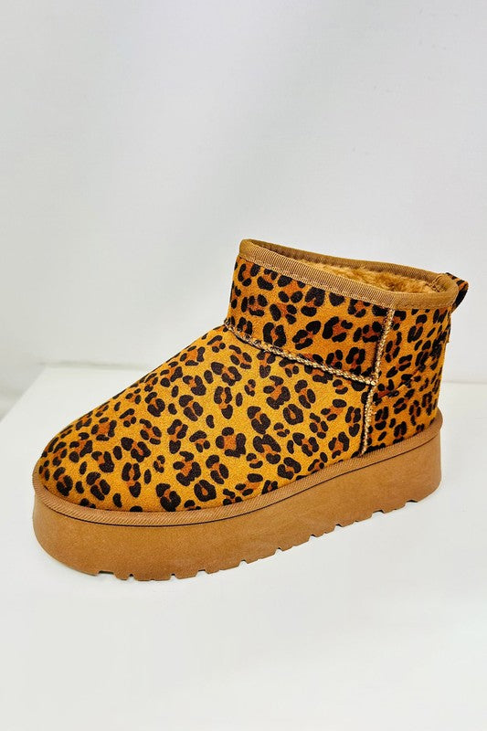 WILD DIVA Leopard Suede Round Toe Platform Booties