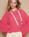 POL Cable Knit Hooded Chenille Sweater-Fuschia