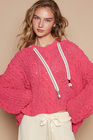 POL Cable Knit Hooded Chenille Sweater-Fuschia