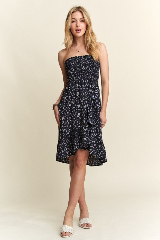 ADORA Smocked Floral Tube Dress with Pockets- Navy floral