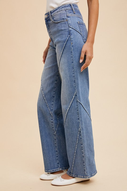 Annie Wear Decorative Seams Wide Leg Jeans-Medium wash