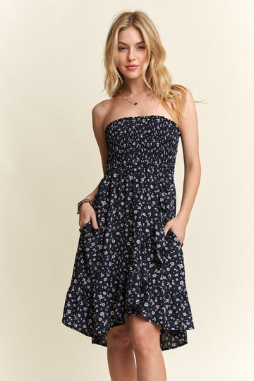 ADORA Smocked Floral Tube Dress with Pockets- Navy floral