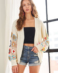 ADORA Plus Size Contrast Crochet Open Front Long Sleeve Cardigan- Ivory