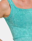 Zenana Washed Ribbed Scoop Neck Wide Strap Tank- Lt teal