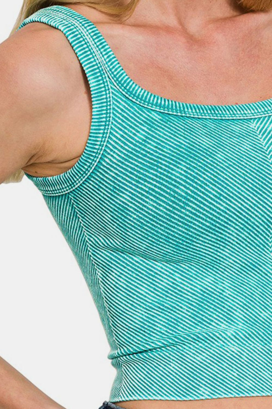 Zenana Washed Ribbed Scoop Neck Wide Strap Tank- Lt teal