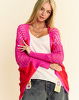 Davi & Dani Openwork Contrast Open Front Cardigan- Red Multicolor