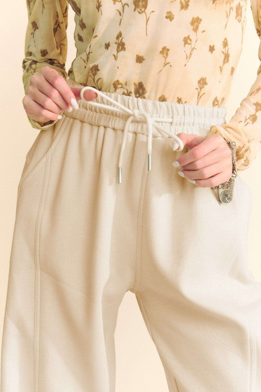 Davi & Dani Drawstring Wide Leg Sweatpants-Cream