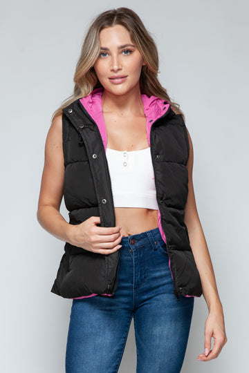 Snobbish Snap and Zip Closure Hooded Vest- Black/ Rose