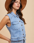 Annie Wear Collared Neck Button Down Denim Vest-medium wash