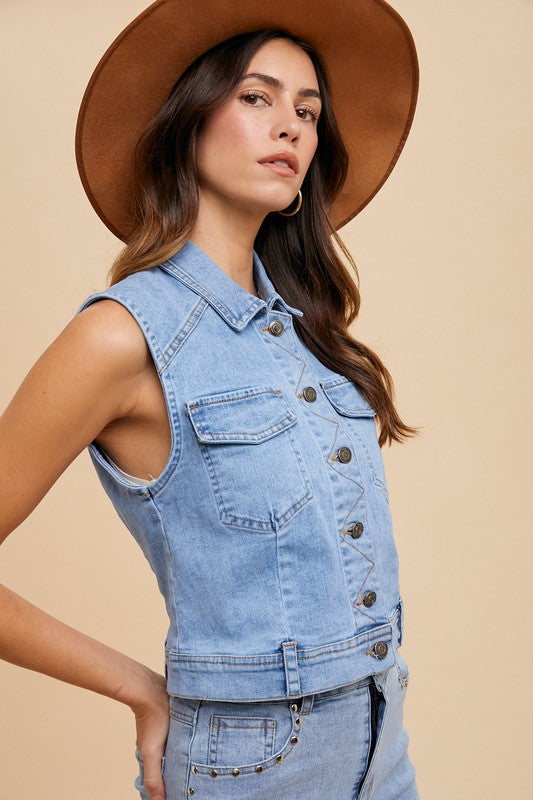 Annie Wear Collared Neck Button Down Denim Vest-medium wash