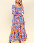 Haptics Smocked Floral Square Neck Flounce Sleeve Dress- Lavender