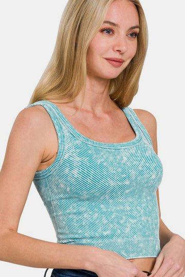 Zenana Washed Ribbed Scoop Neck Wide Strap Tank- Ice Blue