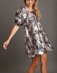 Umgee Metallic Jacquard Puff Sleeve Dress