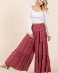 Mittoshop Tier Detail Smocked Elastic Waist Wide Leg Pants- Sienna Rust