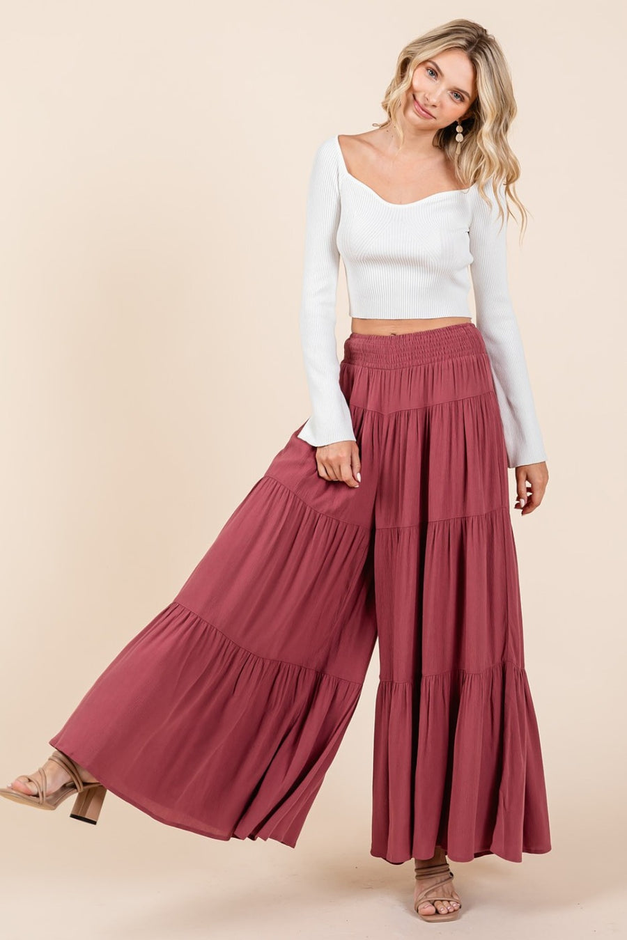 Mittoshop Tier Detail Smocked Elastic Waist Wide Leg Pants- Sienna Rust