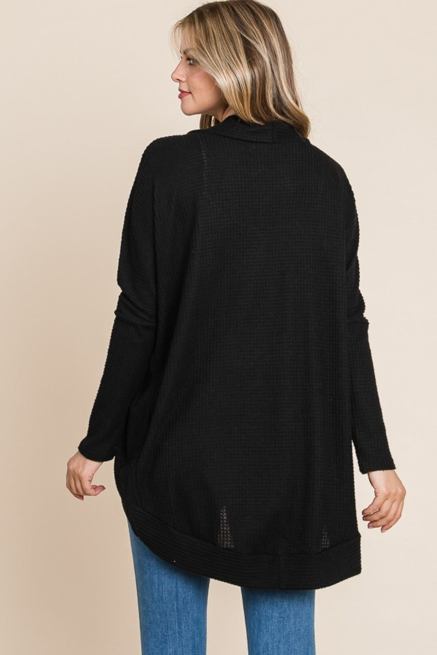 BOMBOM Open Front Waffle Knit Cocoon Cardigan-Black