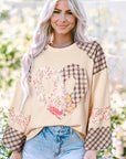 Heart Plaid Round Neck Long Sleeve Blouse