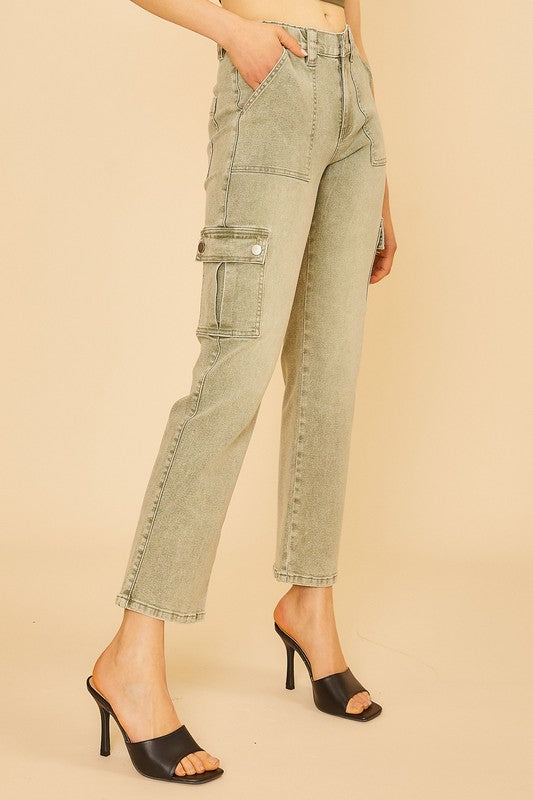 Annie Wear Straight Leg Jeans with Cargo Pockets- Sage