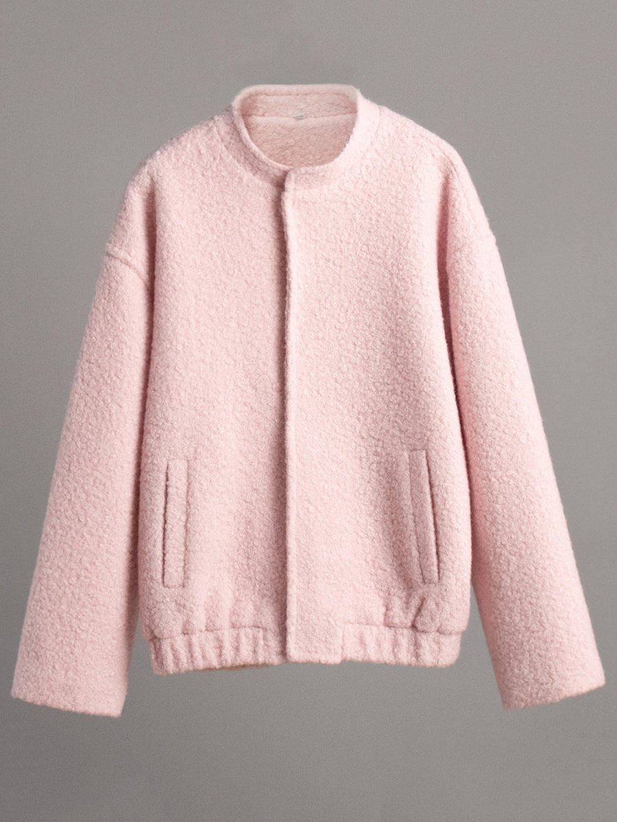 Double Take Plush Mock Neck Snap Down Jacket with Pockets- Blush Pink