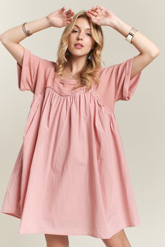 ADORA Round Neck Half Sleeve Babydoll Dress- Dusty Pink