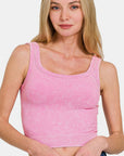 Zenana Washed Ribbed Scoop Neck Wide Strap Tank- Candy pink