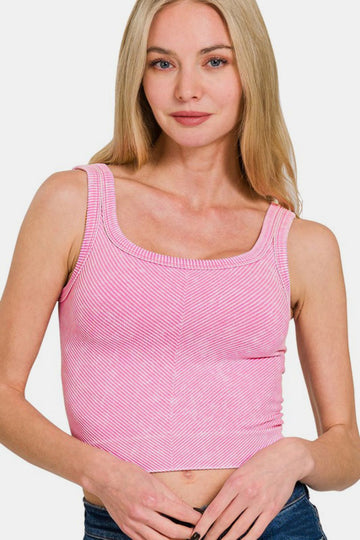 Zenana Washed Ribbed Scoop Neck Wide Strap Tank- Candy pink